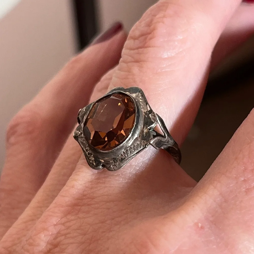 Antique Art Deco 1920’s Sterling Silver pink brown Glass Victorian Signet Ring - Picture 6 of 17